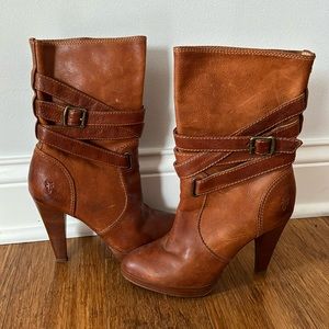 Leather brown heels with fun details from Frye. Hardly worn.